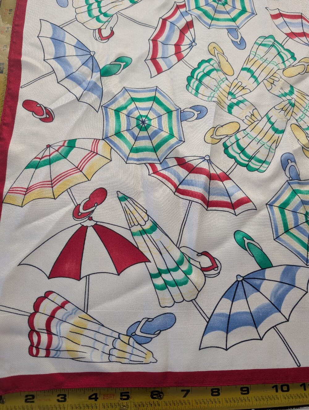 Vintage 100% Silk Beach Umbrella Scarf Square Red Border Resort Coastal 26x26 - Picture 4 of 7